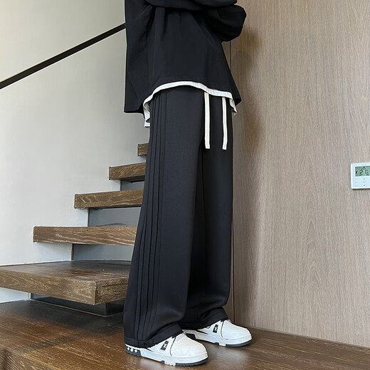 顶峰保罗（Dingfengbaoluo）休闲裤男春夏季潮牌宽松直筒百搭透气运动阔腿长裤子9789黑色M