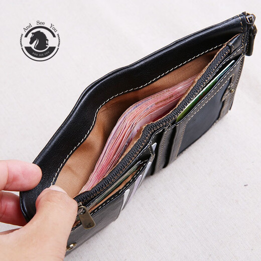 ANDSEEYOU brand genuine leather men's handbag, zipper short wallet, soft leather vertical leather clip, handmade first-layer cowhide wallet, black cowhide