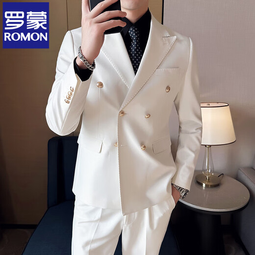 ROMON suit men's suit double-breasted host casual white dress trendy lapel business slim suit three-piece suit white single-piece suit 2XL