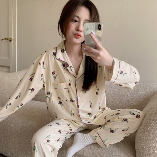 
REJIP spring and autumn pajamas women cute cartoon cardigan ins princess style long sleeve trousers loose thin home clothing set 9227 M[80-100Jin[Jin equals 0.5 kg]]