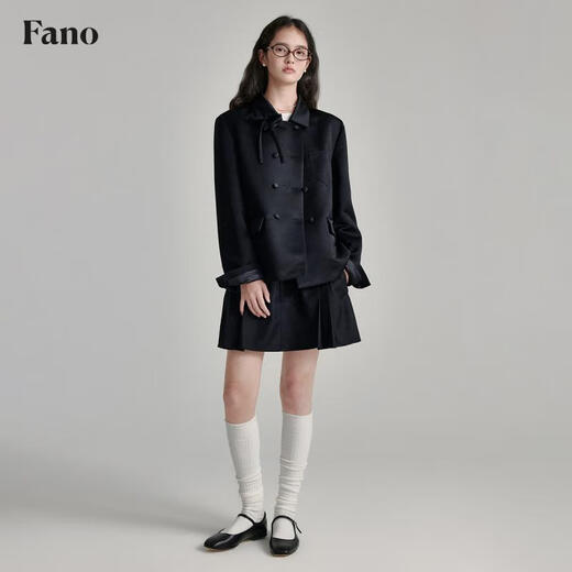 Fano studios Fan Luo French style satin bow suit 2024 spring new style noble and exquisite double-breasted short coat black S, shipped within 48 hours