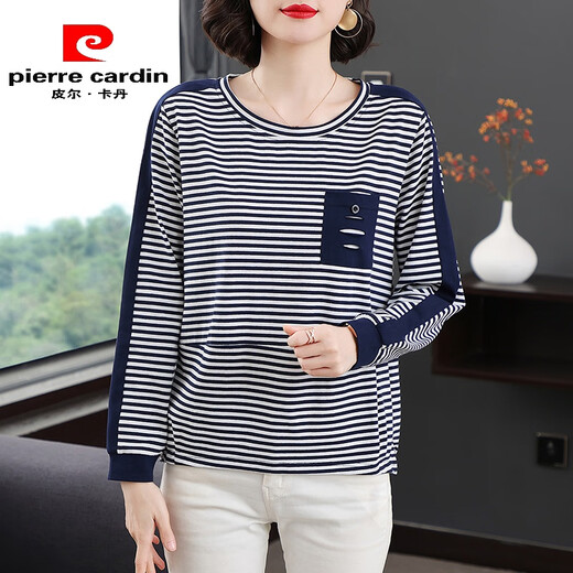 Pier Cardin Striped Top für Frauen im Frühjahr und Herbst 2025 Neue Mutter Eine Mutter Baumwolle langärmeliges T-Shirt für Frauen mittleren Alters im mittleren Altersreduzierende Basishemd Modetrend Blau und weiße Streifen 698 Modelle 4xl empfohlen 145-160jin [Jin gleich 0,5 kg]