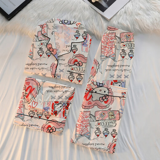 ins风三件套高颜值HelloKitty新款睡衣女款卡通春夏季家居服 套KK14108 XL【建议120-135斤】