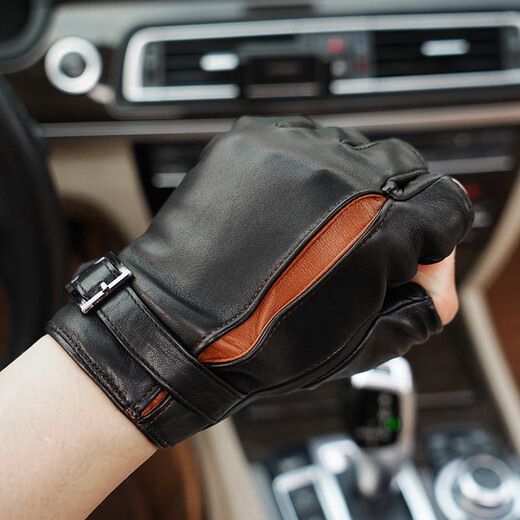 NOOLDERS Men's Warm Genuine Leather Gloves Half Finger Driving Gloves Half Fingerless Cycling Motorcycle Sheepskin Gloves Thin Designer Style Black (Thin Velvet Lining) S Size