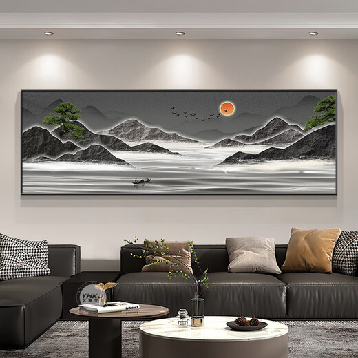 涵轩新中式客厅装饰画现代轻奢沙发背景墙画壁画山水画办公室茶室挂画 JD15565 210*70CM 手工镶钻画铝合金黑框