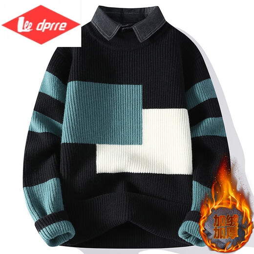 Lee dprre men's shirt collar sweater autumn and winter plus velvet thickened fake two-piece sweater youth casual base knit sweater men R9923 m white thickened plus velvet M