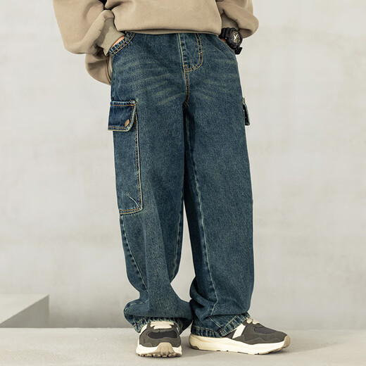 McTicco Boys Jeans de patas anchas Freing Street Street Style Handsome Spring and Autumn Workwear Big Children 2025 NUEVOS Pantalones de patas rectas para niños Traje de primavera 13077 Azul [primavera y otoño Pantalones de patas de cabeza directa] 150cm