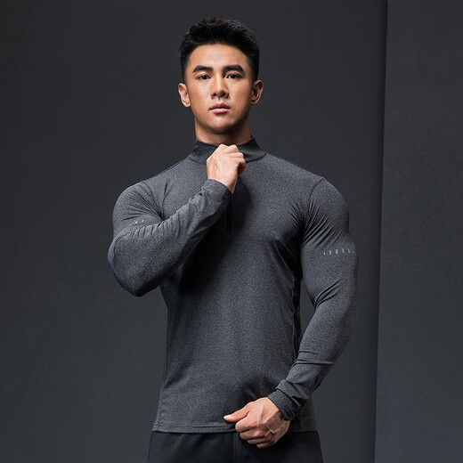 Lutiedog fitness clothing quick-drying clothing for men autumn and winter long-sleeved elastic breathable sweat-absorbent sports casual T-shirt stand collar bottoming bodybuilding clothing gray XL/175-180