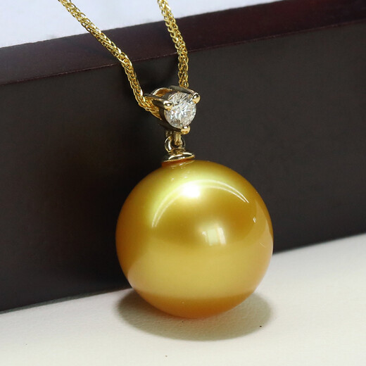 Mohs Australian South Sea gold bead pendant dark gold perfect round seawater pearl necklace 18K gold inlaid with diamonds extremely bright customized model 14-15mm