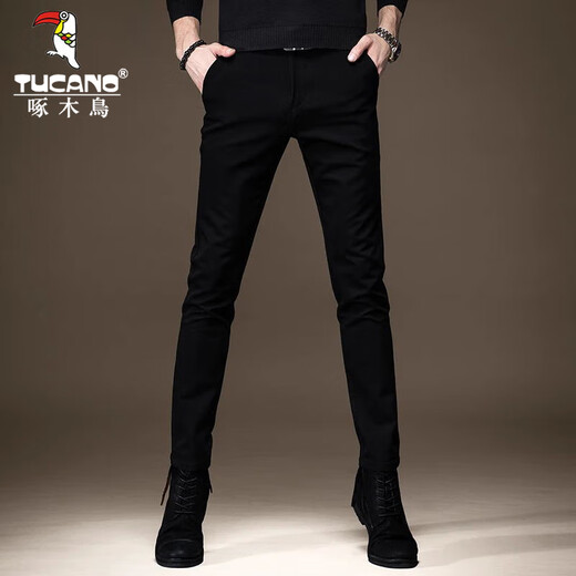 啄木鸟休闲裤男修身秋冬季加绒加厚新款裤子小脚弹力商务小西裤黑色长裤 RM-806黑色 32