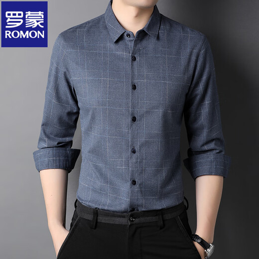 罗蒙（ROMON）长袖衬衫男士2025秋冬季新款免烫格子衬衣加绒加厚保暖中年爸爸 H2281灰色  加绒 XL 175 建议135-150斤