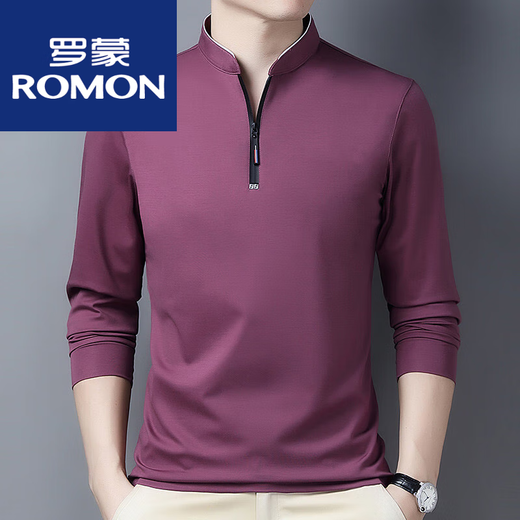 罗蒙（ROMON）棉长袖t恤男休闲薄款体恤上衣春秋季中年男装立领打底衫 加绒加厚6625宝兰 185/3XL建议170-190斤