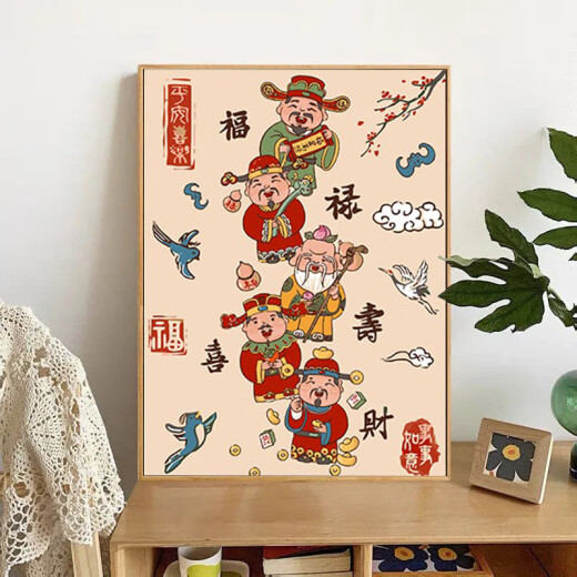 Yuan clan five-way God of Wealth digital oil painting DIY hand-painted fill coloring Sanfu Linmen cartoon acrylic decoration hanging painting ly4839 b40*50cm thick solid wood inner frame x DIY material