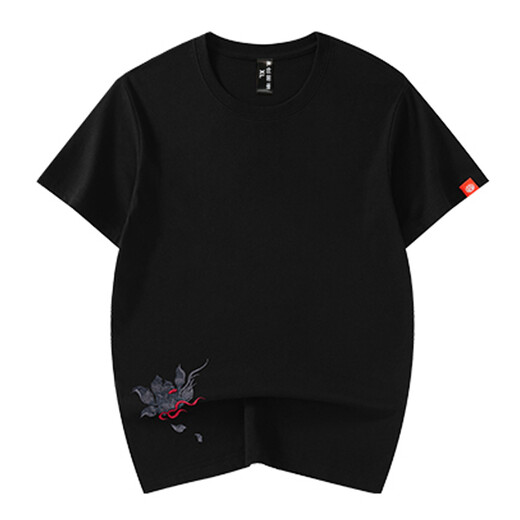
VENSUP short-sleeved embroidered T-shirt for men and women Lotus Baize Heavy Industry Embroidery Pure Cotton Chinese Style Casual and Evergrande Couple T-shirt T723 Black XL (Suggested 136-155 Jin [Jin equals 0.5 kg])