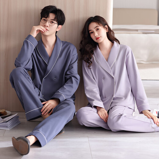 Victoria style couple pajamas for women, autumn pure cotton long sleeves, one man and one woman, couple home wear, can be worn outside, spring and autumn casual suit, female 8691 purple L
