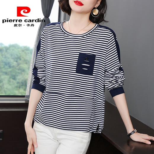 Pier Cardin Striped Top für Frauen im Frühjahr und Herbst 2025 Neue Mutter Eine Mutter Baumwolle langärmeliges T-Shirt für Frauen mittleren Alters im mittleren Altersreduzierende Basishemd Modetrend Blau und weiße Streifen 698 Modelle 4xl empfohlen 145-160jin [Jin gleich 0,5 kg]