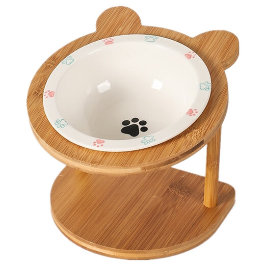 CLCEY Ceramic Cat Bowl Rack Protects Cervical Vertebral Anti-Black Chin Small Dog Anti-Slip Anti-Tip Teddy Adjustable Height Dog Bowl Two Black Footprints + Double Bowl Rack