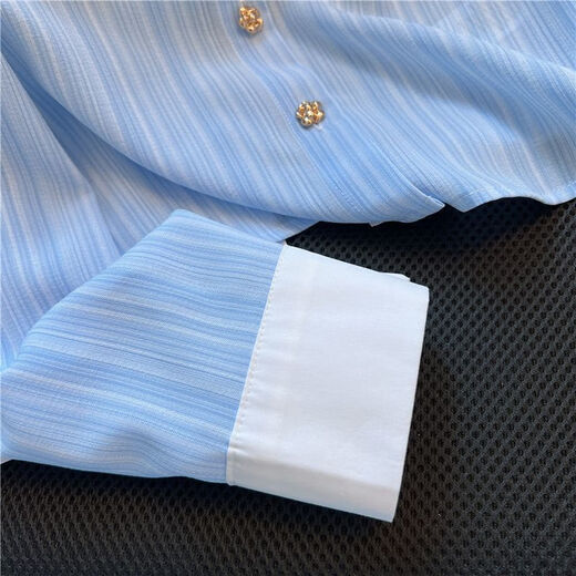 FSHE Xiaoxiangfeng blue striped long-sleeved shirt for women summer and autumn petite short chic shirt French polo collar top Main picture color M