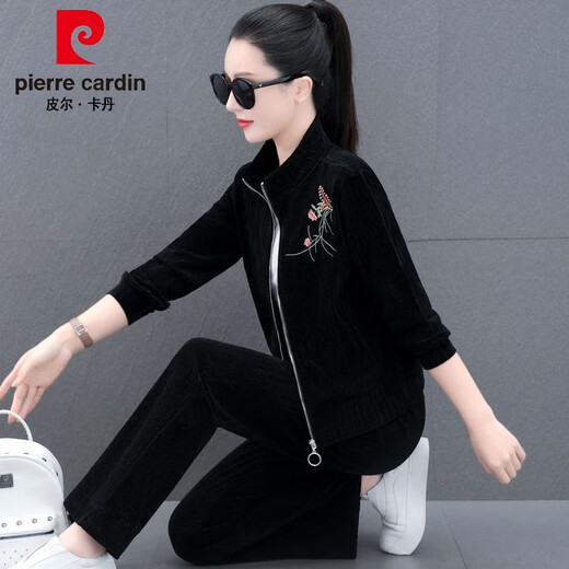 Pierre Cardin Gold Velvet Sports Drei-teiliges Set für den Frühling und Herbst für Frauen 2023 Neue modische und modische altersreduzierende Cord-Sweatshirt 9866 Bohnenpaste Red (Drei-teiliger Cord-Set) XL 111-120jin [Jin gleich 0,5 kg]