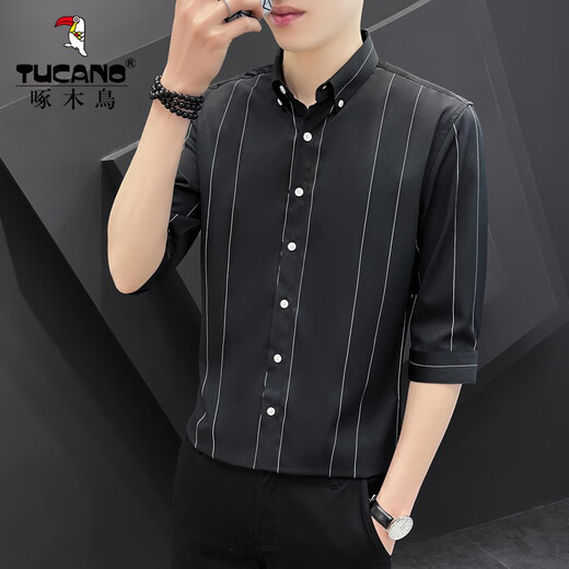 
Woodpecker (TUCANO) shirt men's long-sleeved 2024 spring new fashion trendy men's versatile quarter-sleeved striped shirt men's top DC677 white L