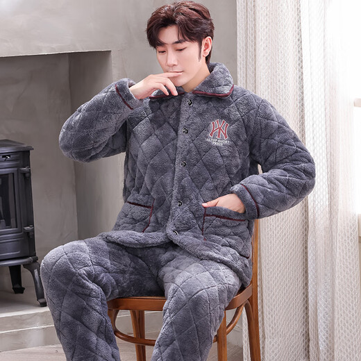 Xuanduoqi Pyjamas Herren-Dreischicht eingedickter Korallenvelvet-Baumwollflanell warme Home Kleidungsstück Herbst- und Winterstil C9921# Schwarze graue Männer [Pflug] L (100-125jin [Jin gleich 0,5 kg]) Dreischichtig eingedrocken