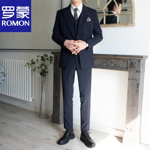 ROMON lapel collar double-breasted suit men's suit wedding groom's style formal groomsman suit men's suit three-piece high-end medium gray jacket + pants L