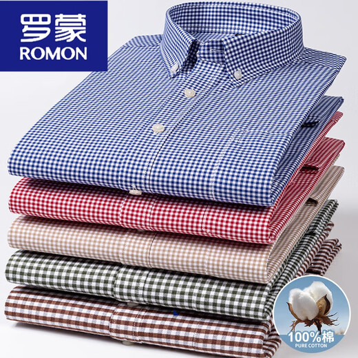 罗蒙（ROMON）男士小格子长袖衬衫春秋中青年休闲磨毛棉衬衣男装 18-719蓝白小格子 M 39110-120斤