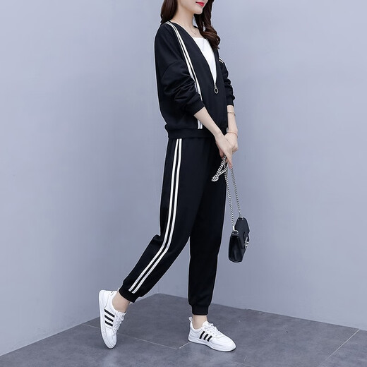 Pinhuifei Traje de verano para mujeres de gran tamaño Swearswear Sportswear ligeramente gordo MM adelgazante y escondite que cubre el vientre Traje de madre suelto de dos piezas 693 Negro [estilo de primavera y otoño] 4xl Jianyi regular 160-180Jin [Jin equivale a 0.5 kg]