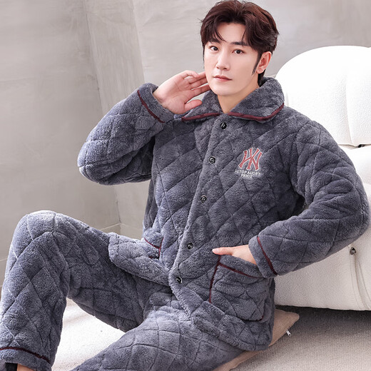 Xuanduoqi Pyjamas Herren-Dreischicht eingedickter Korallenvelvet-Baumwollflanell warme Home Kleidungsstück Herbst- und Winterstil C9921# Schwarze graue Männer [Pflug] L (100-125jin [Jin gleich 0,5 kg]) Dreischichtig eingedrocken