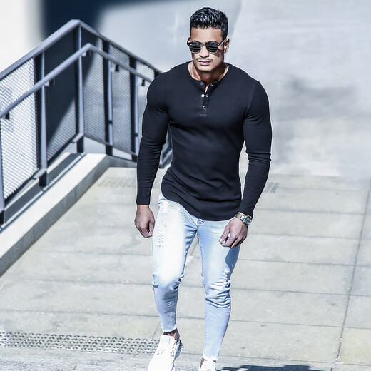 BensonVision sports long-sleeved fitness coach training top running casual slim solid color cotton Henry collar bottoming shirt for men dark blue M