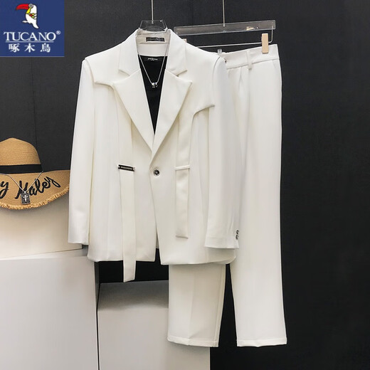 Woodpecker (TUCANO) Korean streamer design blazer men's Korean version street style versatile casual splicing suit white DK25 suit + pants L 130-145Jin Jin equals 0.5 kg