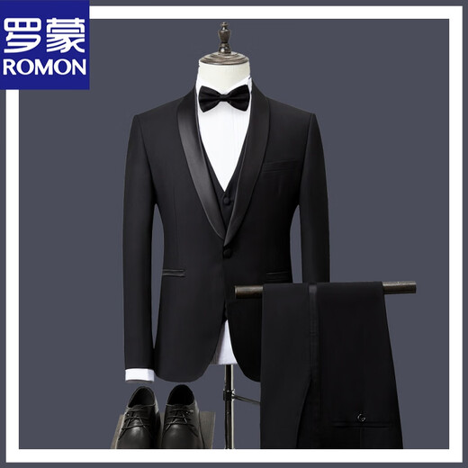 ROMON Art Exam Suit Men's Tuxedo Formal Wedding Groom Best Man Host Performance Suit Black Peaked Collar Three-piece Suit 4XL