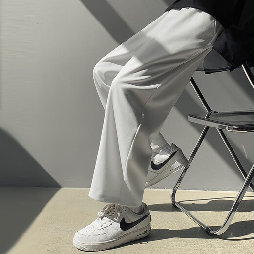 Foss Phil straight casual pants for men summer black spring and autumn nine-point loose western wide-leg trendy sports ice silk trousers for men trendy brand 718-WK10-1 wide-leg white M [recommended 90-115Jin [Jin equals 0.5 kg]]