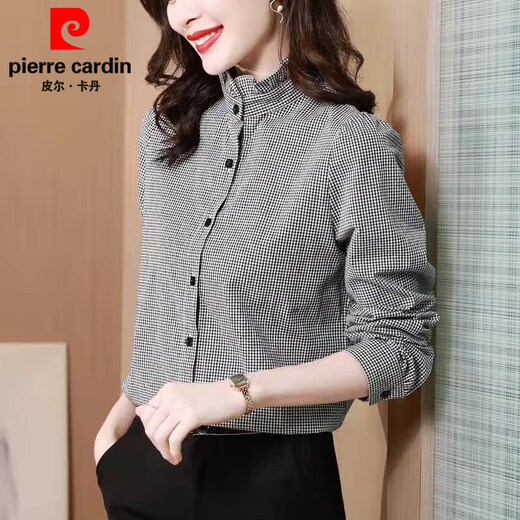 Pierre Cardin black and white plaid shirt women's long-sleeved stand-up collar fungus lace cardigan top Korean style spring and autumn loose bottoming versatile black and white plaid S 75-95Jin Jin equals 0.5 kg