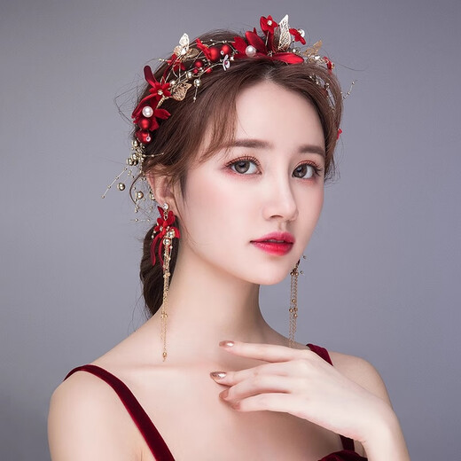 QBILY 新娘头饰 结婚红色发箍婚纱发饰中式敬酒服森系礼服配饰女秀禾服 红色【发箍+耳环】耳夹款