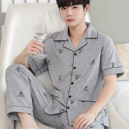 
Pretty (qiaoliya) [pure cotton] pajamas men summer pure cotton short-sleeved cotton teenager thin men's plus size home clothing set [pure cotton] 698 XL