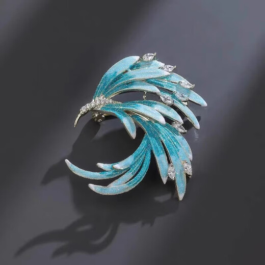 Swiss jewelry industry Chinese style brooch, best-selling enamel gradient micro-inlaid zirconium phoenix tail pin buckle, elegant large collar suit accessories, Blue Phoenix