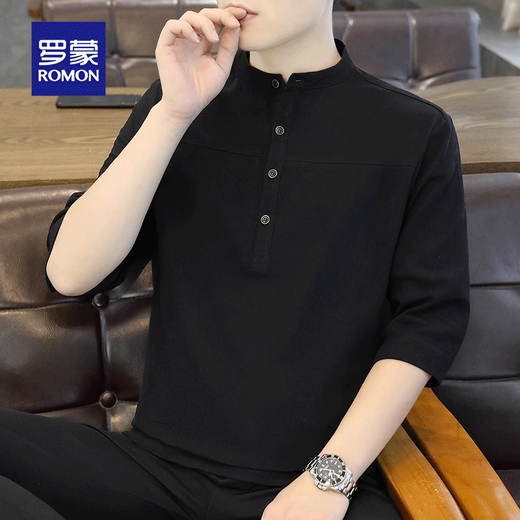 Luo Meng pure cotton three-quarter sleeve t-shirt men's short-sleeved summer thin Chinese style men's stand collar half-sleeved cotton shirt wear 1899 black L