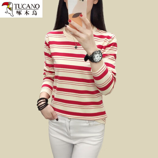 Specht 2024 neuer reines Baumwoll-Hals mit langem T-Shirt für Frauen im Frühjahr und Herbst lose lässige und vielseitige Basishemd Top 838# Long.Sleeved [hellblau] M Empfohlen 80-Jin [Jin gleich 0,5 kg]