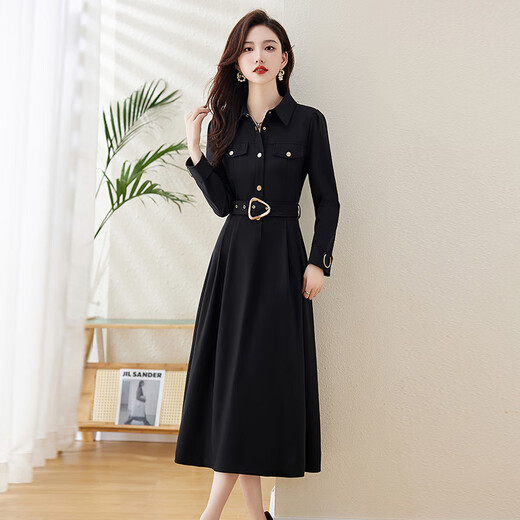 Chu Xin's high-end long-sleeved shirt dress for women 2025 spring and autumn new women's waist slimming temperament knee-length skirt Khaki XL recommended 115-125 Jin Jin equals 0.5 kg