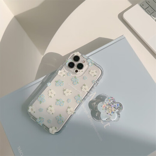 Jingang is suitable for iPhone 14 mobile phone case iPhone 13 proamx lens all-inclusive anti-fall protective case ins style oil painting flower transparent women's soft shell transparent [blue and white flower + blue flower stand] with tempered film Apple 13