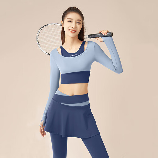 LULU CENTURY fake two-piece anti-exposure Pilates training suit for running, cycling and skipping, medium and high intensity yoga fitness clothes for women, gray lake blue + light frost blue S