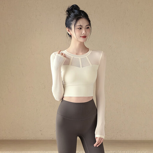 LULUUVTTOH yoga clothes for women, autumn and winter sports tops with chest pads, sexy mesh long-sleeved Pilates training fitness clothes, black, fixed chest pads M