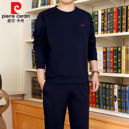 皮尔卡丹（臻贵尊享）圆领卫衣男士春秋冬季套头加厚加绒中老年运动套装爸 677黑色 3XL