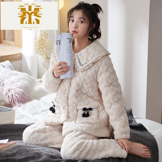 FMSERUIOS轻奢高档珊瑚绒夹棉睡衣女士冬季三层加厚加绒家居服女冬款法兰绒 MFB12250女 M