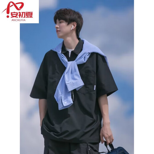 安初夏半拉链polo领短袖t恤男士休闲套装夏季男装三件套日系穿搭配衣服 棕色外衣+棉短T+卡其长K XL 【推荐120-140斤】