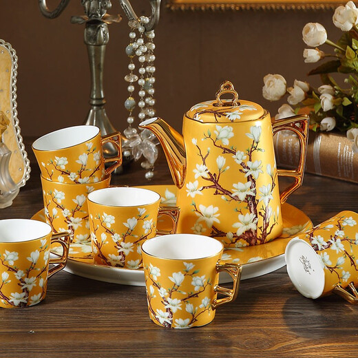 Heart Decoration Garden Living Room British-style Afternoon Tea Tea Set Luxurious European Bone China Water Cup Kettle Household Set Ceramic Tea Cup Gift Box Yellow Wangchun Magnolia 8-head Water Set