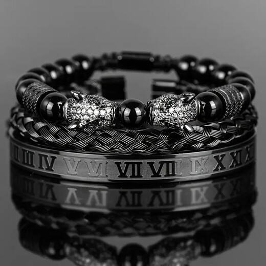 Pangdonglai Qualität Doppelköpfiges Leopardenarmband Kupfer Mikroset Zirkon schwarzes Achatarmband gewebte Männer aus Edelstahl Römisch-Armband Stapel ZJ12807