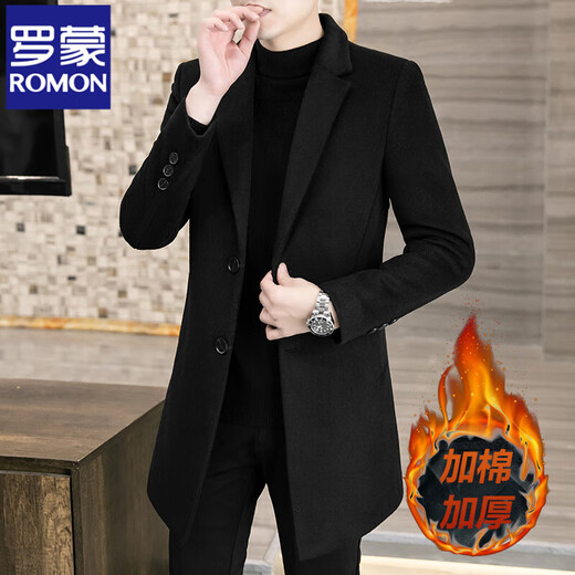 ROMON Woolen Woolen Coat Men's Slim Mid-Length Windbreaker Autumn and Winter Thickened New Woolen Men's Jacket Korean Version Black Thickened XL