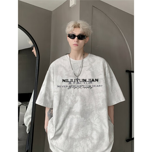 Black Box White American Tie-Dye Kurzärärmelte T-Shirt für Männer 2025 Sommerkleidung Herrenmodemarke Schwere, halbärmelige Paar T-Shirt für Männer, Weiß regelmäßig [Vorgeschlagen, eine größere Größe zu nehmen] l [110-130jin [Jin gleich 0,5 kg]]]